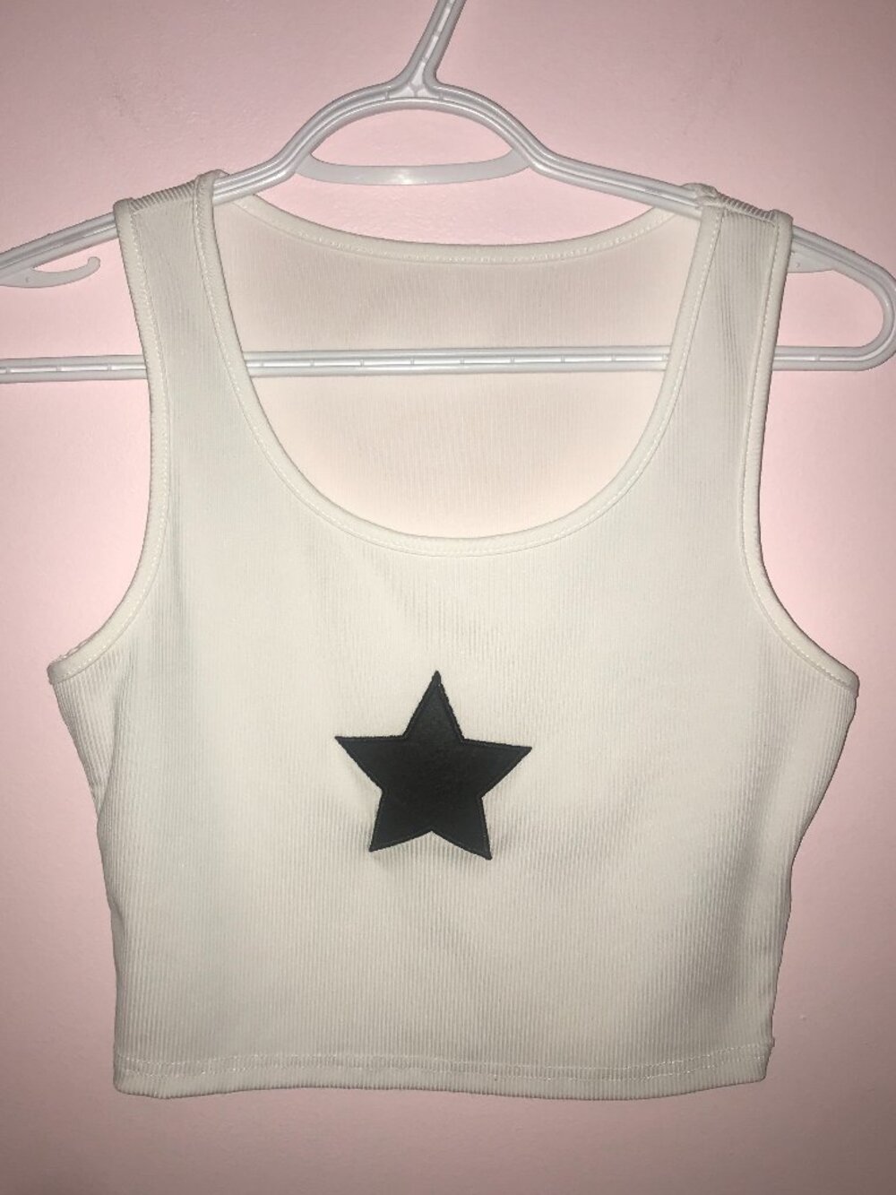 SHEIN Black Star Graphic White Ribbed Crop Top Tank